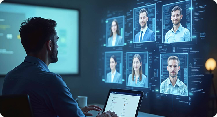 Recruiter reviewing candidate profiles on a digital hiring dashboard